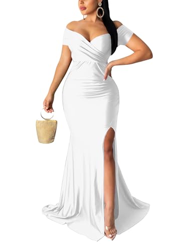 Women's Sexy Off Shoulder V Neck Wedding Guest Gown High Split Long Maxi Bodycon Formal Prom Graduation Gala Dress White