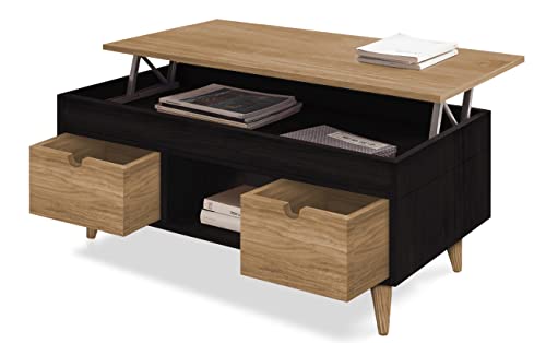 HOGAR24 ES Scala - Mesa Centro Elevable Madera Maciza Natural, Combinado Color Negro y Madera Encerada. Medidas: 100cm x 50cm x 47cm.