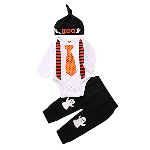 Glücksvogel Baby Junge Babykleidung Set Halloween Strampler Zweiteilig Kleidung Baumwolle Neugeborene Langarm Bodysuit Hose mit Hut 3 Stück Outfit Set Cartoon Drucken Outfitt Baby Overall