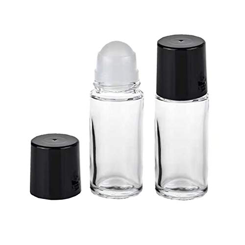 2Pcs 30 ml 1oz Deodorant Glass Roller Bottles Refillable Empty Massage Roll On Bottles Containers with Plastic Roller Ball Black Cap for Essential Oils DIY Deodorant, Clear