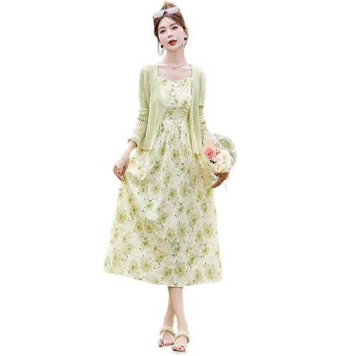 JYHBHMZG Conjunto de falda y cárdigan para mujer, diseño de retazos florales, cuello en V, manga larga, lazo en la cintura, En8, M