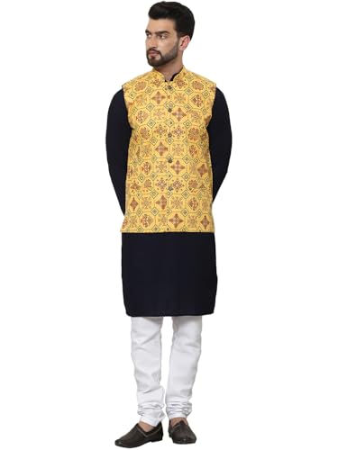 Image of SOJANYA (Since 1958 Men's Cotton Linen Maroon Kurta and White Pyjama with Mustard Cotton Nehru Jacket