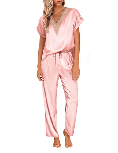 Image of Ekouaer Silk Pajamas Set Womens Lace V Neck Loungewear Short Sleeve Satin Shirt with Long Pant Silky Pjs