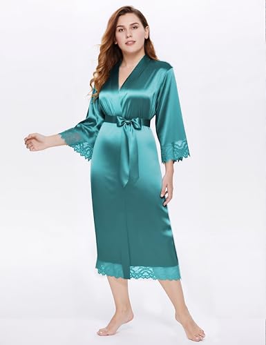 Image of BABEYOND Satin Kimono Robe Silky Long Bridesmaid Wedding Lightweight Bath Robe with Lace Trim