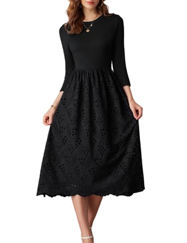 GRACE KARIN Womens Summer 3/4 Sleeve Dress with Pockets A Line Midi Eyelet Dress Empire Waist Casual Fall Flowy Dress