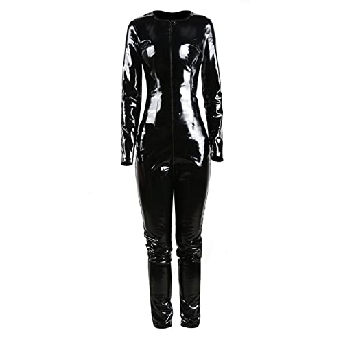 Combinaison noire en vinyle PVC et cuir pour femme - Manches longues - Fermeture éclair - Noir - XXL