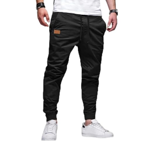 Calça cargo masculina de sarja de algodão - calça cargo com cordão, design casual com vários bolsos, Preto, G