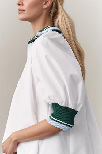 Women Sporty Henley Swing Top Puff Sleeve Half Zip Blouse Casual Loose fit Flowy Shirt Tunic4