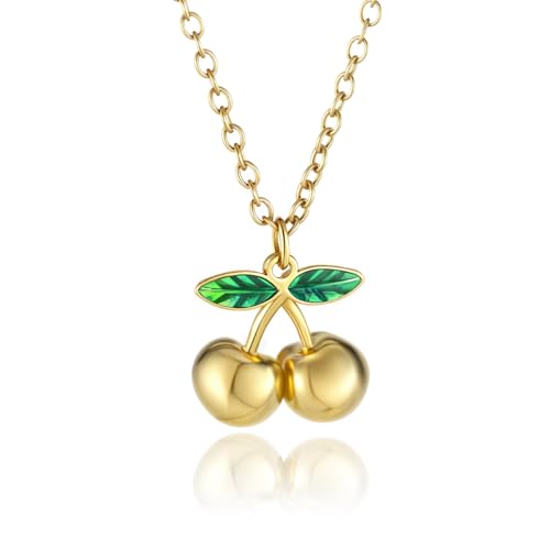 Elegant 18K Gold Cherry Pendant Necklace with Green Enamel Leaves Fashion Statement Accessories