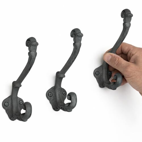 The Metal Magician Wall Mounted Antique Cast Iron Vintage Style Wall Hooks for Coats, Bags, Towels, Hats - (Set of 3) Black