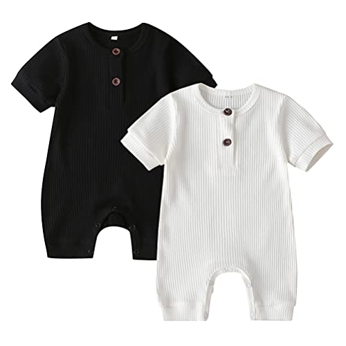 Image of Bafeicao Baby Boy Girl 2/3 Pack Solid Romper Ribbed Short/Long Sleeve Bodysuit Jumpsuit Infant Knitted Outfits Clothes