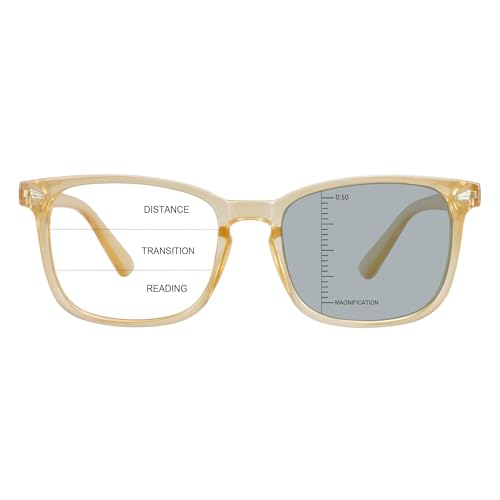 Image of Vintage Square Progressive Multifocal Presbyopic Glasses, Photochromic Gray Sunglasses for Men Women Readers (Champagne,+0.50 /+2.75 Magnification)