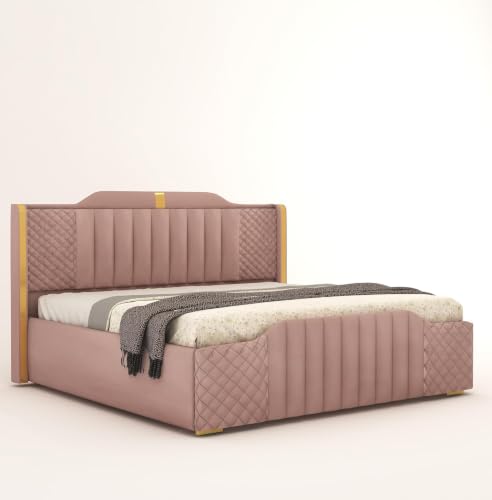 Image of Modern Upholstered Queen Size Bed with Storage | Double Bed with Box Storage & Upholstery Premium Fabric Headboard | Platform Bed for Bedroom & Hotel | Sheesham Wood, Onion Pink, 6.5 x 5 Ft