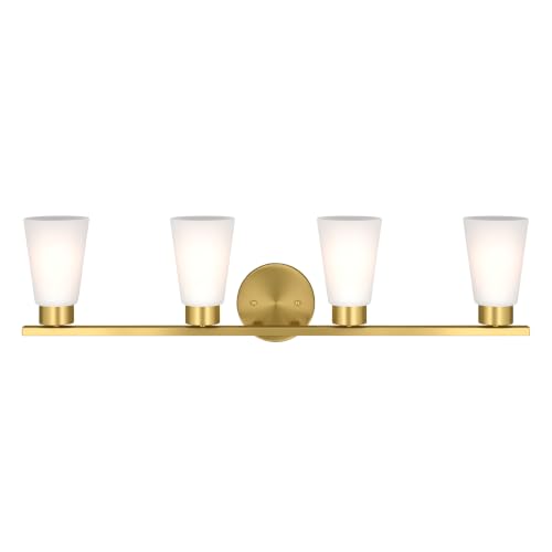 Image of Kichler Stamos 31.25 inch 4-Light Soft Modern Vanity Light with Satin Etched Glass in Brushed Gold, (8.25 inch H x 31.2 5 inch W), 55122BG