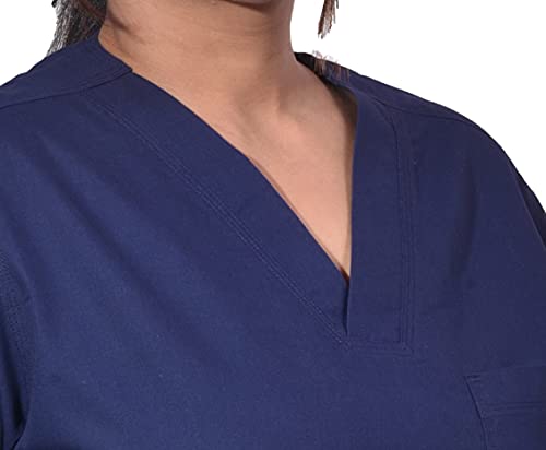 Image of UNISEX V-NECK POLYESTER COTTON MEDICAL SCRUB SUIT FOR DOCTORS (TOP AND BOTTOM) TRIPLE NEEDLE STITCH TOP WITH CHEST POCKET, NAVY BLUE, 46-3XL.