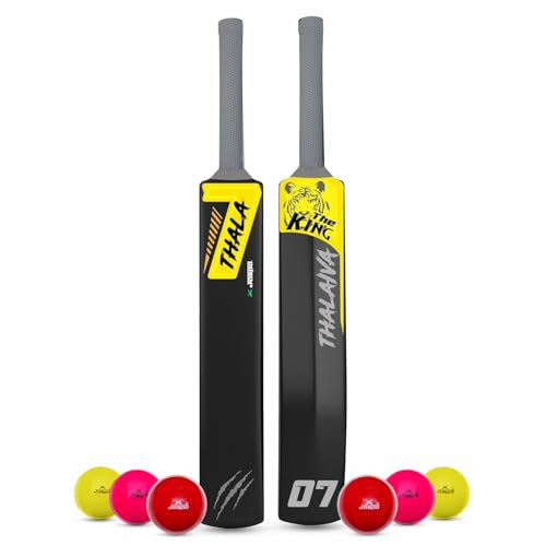 Image of Jaspo Thala Plastic Cricket Kit | 34 Inch Bat Specially Designed for Tennis Ball & Wind Ball | Durable Cricket Set for Kids, Beginners & Casual Play (Thala Bat with 6pc Ball)
