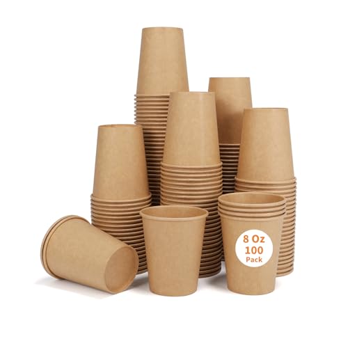 Walasaso Disposable Cups 100 Pack 8 Oz Kraft Paper Cups Paper Coffee Cups Disposable Cups 8 oz for Hot or Cold Beverage