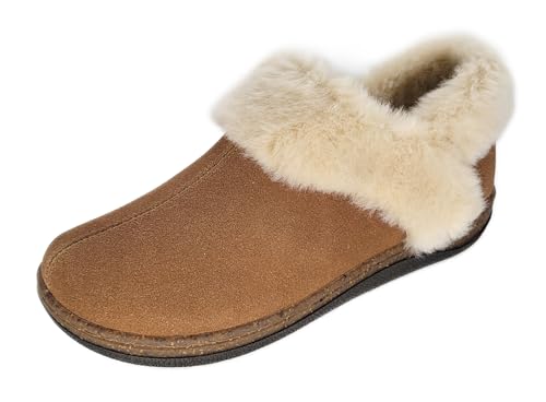 Clarks Womens Suede Leather Ankle Bootie Slipper JMH2034 - Plush Faux Fur Lined - Indoor Outdoor House Slippers For Women