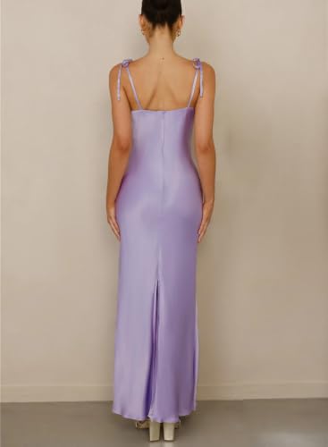 Image of 2026 Satin Cowl Neck Spaghetti Strap Maxi Dress for Women Bridesmaid | Silk,Tie Strap,Slip,Slit,Midi,Wedding Guest,Graduation,Elegant,Cocktail,Vacation,Party