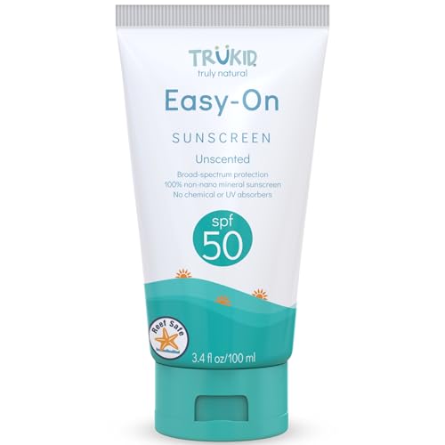 Image of TruKid Easy On Mineral Sunscreen SPF 50 - Kids & Baby Sunscreen for Face & Body, Non-Toxic Zinc Oxide Sunblock Protection for Sensitive Skin, Unscented, FSA Eligible, Travel Size 3.4oz
