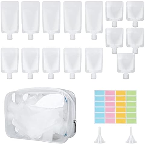19 Pcs Travel Toiletries Packing Bag, Portable Refillable Empty Squeeze Pouch Fluid Makeup Bags, Leakproof Fluid Makeup Bags with Funnels Labels, for Lotion Shampoo Face Cream Hand Soap Cover