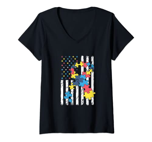 Mujer Autismo Conciencia Cinta Puzzle Bandera USA Trastorno Social Camiseta Cuello V
