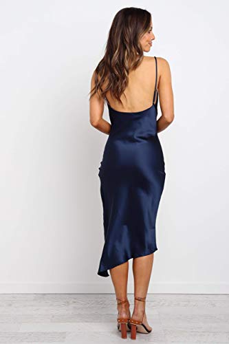 R.Vivimos Women's Satin Dress Spaghetti Straps Side Slit Cowl Neck Irregular Hem Midi Dress (Large, NavyBlue)