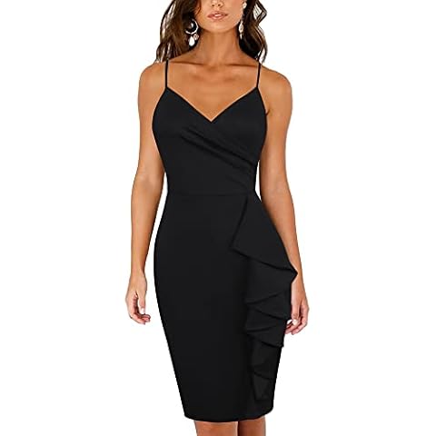 oxiuly Women's V Neck Dinner Church Cocktail Bodycon Cami Dress Casual Pencil Dress Spaghetti Strap Sundress OX338, Black, Small Cover