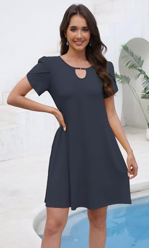 Image of COSSEN Women's Casual T Shirt Dress V-Neck Short Sleeves Swing Dresses Birthday Party Summer Travel Beach with Pocket