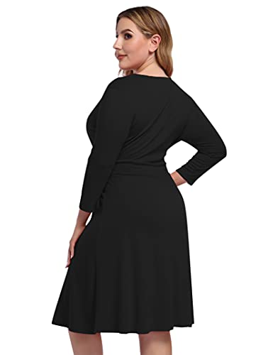 AMZ PLUS Womens V-Neck 3/4 Sleeve A Line Midi Faux Wrap Plus Size Cocktail Party Swing Dress Black L - Image 6