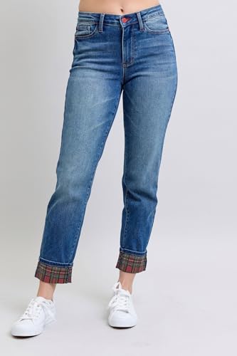 Judy Blue Women's Plaid Print Cuff Straight Leg Jeans with Pockets2