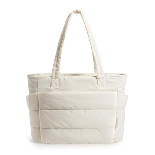 BAGSMART Tote Bag for Women, Lightweight Puffy Tote Bag with Compartments Shoulder Bag Handbag Quilted Shoulder Bag Handbag for Travel, Work, Beach, Gym, Shop(Beige)