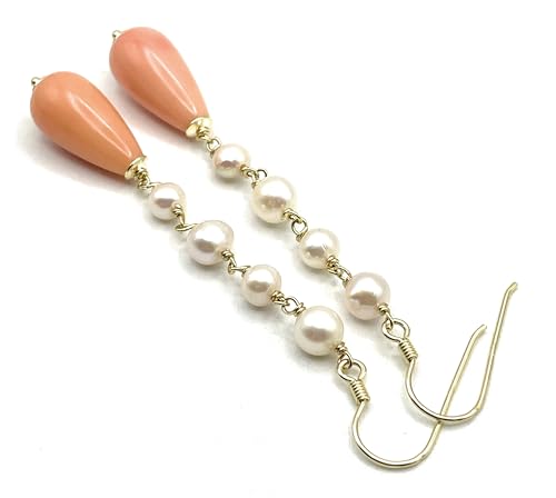 Boucles d'oreilles corail rose perles d'eau douce pendantes vermeil - 3