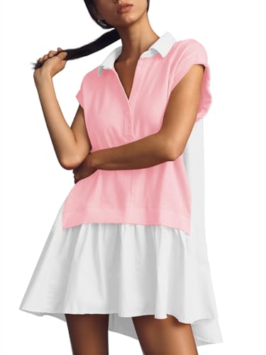 Fisoew Womens Summer Sweatshirt Dresses Short Sleeve V Neck Casual Oversized Patchwork Mini Dress Light Pink