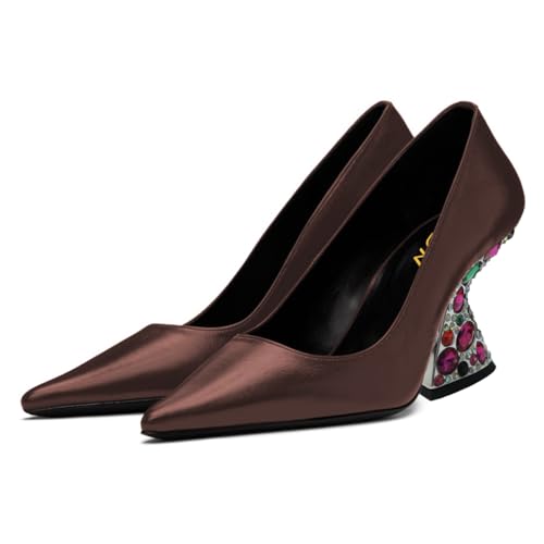 YDN Women Dressy Pumps Studded Slip On Rhinestone Special Chunky High Heels Pointed Toe Shoes Party Working Evening Size 4-16 US2