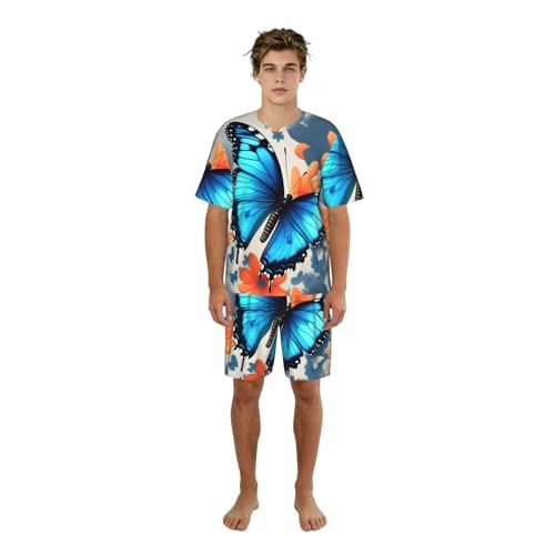 Pyjama homme papillon bleu élégant en coton pour la détente