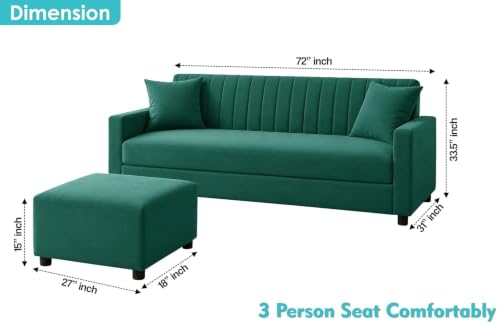 Image of Los Angeles Modern 3-Seater Wooden Sofa Set with Ottoman, Soft Velvet Upholstery, Comfortable Couch for Living Room, Office - Green