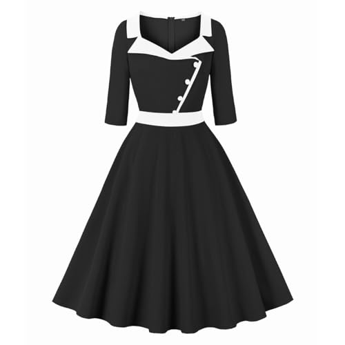 Damenkleid, 3/4-Ärmel, quadratischer Ausschnitt, Revers, 1950er-Jahre, Vintage-Stil, Audrey-Hepburn-Stil, Cocktailkleid, Swing-Kleid, Retro-Stil,...