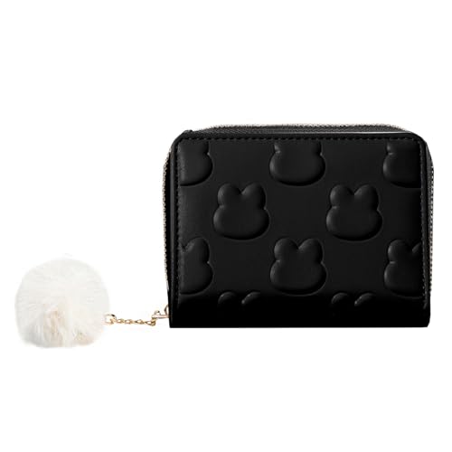 Sunwel Fashion Women Pom Pom Small Wallet with Bunny Embossed ID Window Credit Card Holder Zipper Coin Purse
