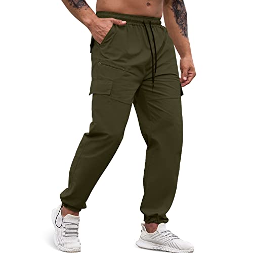 Lexiart Men's Workout Cargo Pants Elastic Waist Joggers Hiking Outdoor Athletic Sweatpants Casual Long Trousers With Pockets Green #TOP18