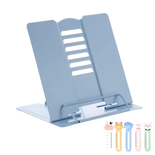 Faltbarer Buchständer aus Metall für Kinder,Leseständer für Bücher,Verstellbar Leseständer,Kochbuchhalter,Rutschfest Kinder Buchständer,Leseständer aus Metall,mit 5 pcs Lesezeichen Für Kinder(Blau)