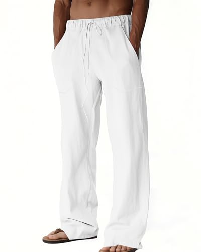 Men's Casual Linen Pants Summer Beach Trousers Loose Fit Straight-Legs Elastic Drawstring Waist Yoga Trousers White