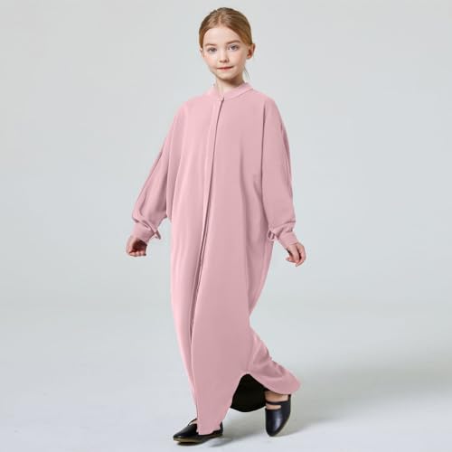 ODASDO Muslim Girl Dress One-Piece Abaya Kids Islamic Kaftan Ramadan Prayer Long Robe Button Down Batwing Sleeve Gown4
