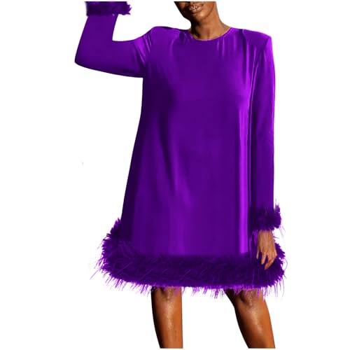 Vestido para mujer, vestido de playa de manga larga con plumas, talla grande, mini elegante, para fiesta, noche, verano, cuello redondo, vestido de moda, #01 Morado, XXL
