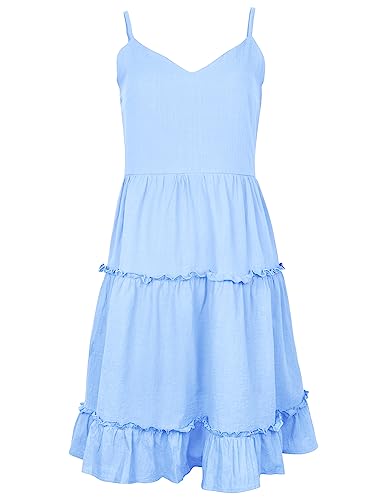 Image of FANCYINN Women Floral Casual Tiered Mini Dresses Spaghetti Strap V Neck Backless A Line Swing Short Dress with Pockets