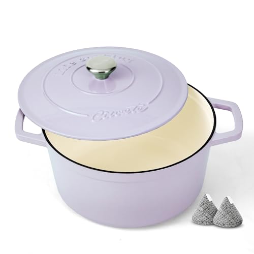Ciwete Enameled Cast Iron Dutch Oven 6 Quart Pot with Lid & Potholders Heavy-Duty Cookware for Bread Baking Braising Stews & Roasting Oven & Stovetop Safe up to 500F Purple