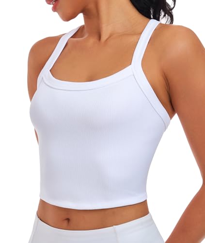Image of Tank Tops for Women Scoop Neck Crop Tops Athletic Workout Tops Cute Seamless Cami Ribbed Tank Top