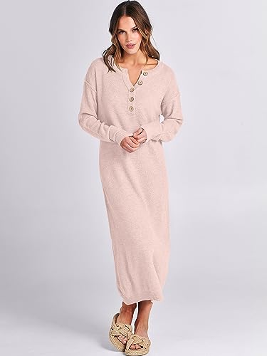 Image of ANRABESS Women Long Sleeve Button V Neck Oversized Casual Loose Fit Waffle Knit Fall Midi Sweater Dress 2026 Trendy Outfits