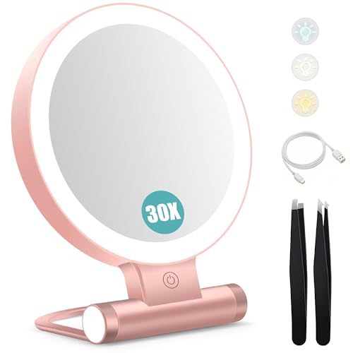 B Beauty Planet Vergrößerungsspiegel mit Licht, 30-fache Vergrößerung, doppelseitig, 1 x / 30 fache Vergrößerung, Make-up-Spiegel mit Pinzette, 2000 mAh, 3 Farbmodi mit einstellbarer Helligkeit