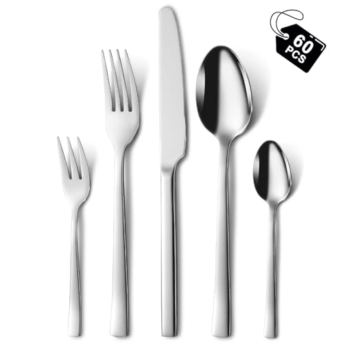 Besteck Set 12 personen, Hunnycook 60-teilig Edelstahl Essbesteck mit Gabel Löffel Messer, Besteckset für Hause Restaurant Im Freien,...